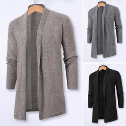Men's Sweaters Mid-length Slim Fit Outwear Stylish Lapel Cardigan Coat Solid Colour Long Sleeve Open Front With Pockets
