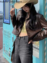 Women's Leather Faux Cropped Jacket Women Korean Y2K Streetwear Black Moto Chic Thin Loose Casual Highstreet Short Coat 2022 HKD230808