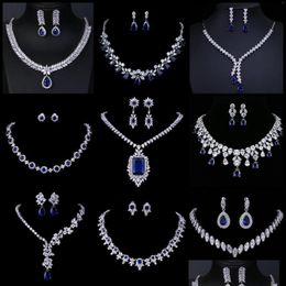 Earrings Necklace Set Amc Luxury Dark Blue And Earring Cubic Zirconia Navy Jewelry For Women Bridal Party Accessories Gift Dhgarden Dhmg6