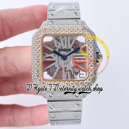 SF TWF0015 Swiss Ronda 4S20 Orologio da uomo al quarzo Completamente ghiacciato Grandi diamanti Lunetta in oro giallo Marcatori romani Quadrante con diamanti scheletro Bracciale in acciaio Orologi Super Edition