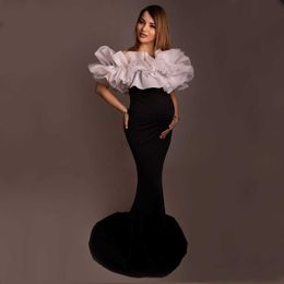 Maternity Dresses Slash Neck Mesh Stretchy Maternity Photoshoot Long Dresses Skinny Maternity Woman Photography Dress Pregnancy Maxi Gown HKD230808