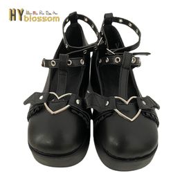 Dress Shoes Sweet Heart Buckle Wedges Mary Janes Women Pink T-Strap Chunky Platform Lolita Shoes Woman Punk Gothic Cosplay Shoes 43 230807