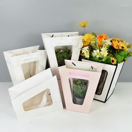 Gift Wrap Trapezoidal Shape Portable Flower Box Bags With Clear Window DIY Candy Cookie Biscuit Chocolate Packaging Bag Florist Supplies