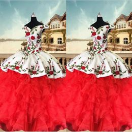 2023 Vintage Embroidered Quinceanera Dresses Ball Gown Off The Shoulder Ruffles Organza Satin Sweet 16 Girls Prom Pageant Dress282R