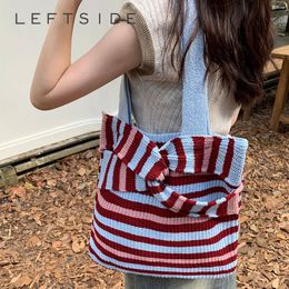 Evening Bags LEFTSIDE Women Weave stripe Crochet Fabric Shopper Shopping Shoulder Bag Korean Fashion Designer Knitting Handbag 2023 Tote 230807