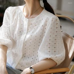 Women's Blouses Embroidery Cotton Round Neck Lace Shirt Women French Vintage Puff Sleeve White Blouse Elegant Hollow Out Casual Tops Blusa