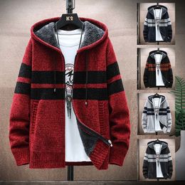 Men's Sweaters Spring Mens Hooded Cardigan Jumpers Striped Sweater Coat Thick Fleece Warm Zipper Wool Men Knitted Chenille Sweaters MXY115 230807