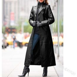 Women's Leather Faux Leather Women's Lapel Beltless Leather Coat Long Coat Slim Leather Trench Coat HKD230808