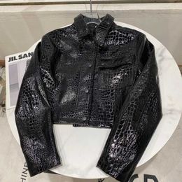 Women's Leather Faux Crocodile Pattern Shiny Jacket Coat 2023 Spring New High-end Lady Temperament All-match Short Top HKD230808