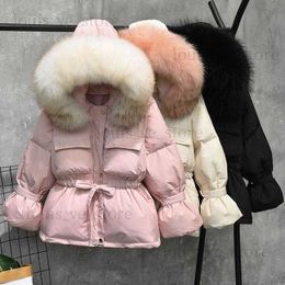 Large Down Natural Raccoon Fur Hooded Winter Jacket Women White Duck Down Short Coats Solid Thick Warm Parkas Lace Up Snow Coat T230808