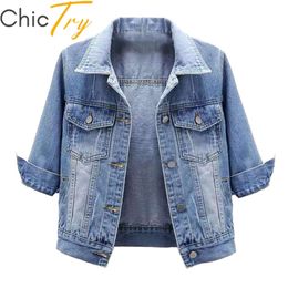 Womens Jackets Fashion Denim Jacket 34 Sleeve Casual TurnDown Collar Button Jean Coat with Pockets for Streetwear Dating Party 230808