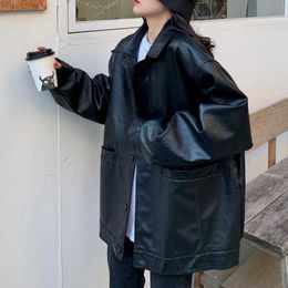 Women's Leather Faux Casual Black Jacket Women Korean Thin Loose Moto Female 2022 Spring Fashion Streetwear Lady Outerwear Biker Coats HKD230808