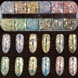 Nail Glitter 12 Grids Gradient Mermaid Flake Hexagon Holo Sequins Powder 3D Manicure Art Paillettes Decoration Tips 230808