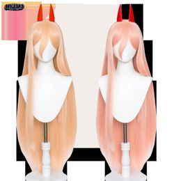 Cosplay Wigs Anime Chainsaw Man Makima Power Cosplay Wig Long Orange Pink Heat Resistant Synthetic Hair Party Role Play Wigs WigCap Horns 230808