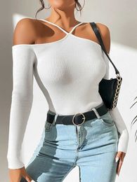 New Spring and Summer Women's Basic Cold Shoulder Rib Knitted Collar Sweater Top Women's Backless Y2k Long Sleeve Pullover Clothing