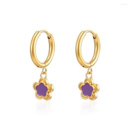 Stud Earrings Stainless Steel Purple Flower Round Circle Delicate Fashion Earring Jewellery Gift For Women