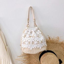 Evening Bags Women Bucket Shoulder Bag Summer Lace Woven Crossbody Handmade Fashion Casual Simple Elegant Beach Travel Tote