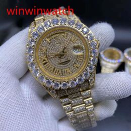 NEW Luxury 43mm Gold Big diamond Mechanical man watch gold diamond face Automatic Stainless steel men's prong set watches190C