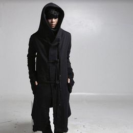 Men's Hoodies Sweatshirts Winter men linen rope button hip hop long hoodie gothic hooded cloak nightclub DJ singer punk rock stage costume fleece hoodies 230807