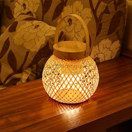 Bamboo Woven Log Bedroom Bedside Table Lamp Tea Room Homestay Retro Zen Style Rechargeable Decorative Desk Lamp Portable Light HKD230808