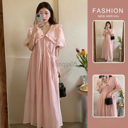 Maternity Dresses Pregnant Clothes Women Long Skirt Doll Collar French Early Versatile Summer Loose Pink Temperament 2022 Maternity Dress Soft New HKD230808