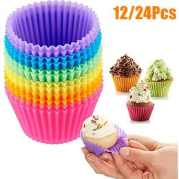 Baking Moulds 12/24Pcs Reusable Silicone Cupcake Cups Non-stick Muffin Liners Dessert Cake Round Mould Tools For Party