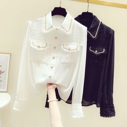 Women's shirt Runway designer fall shirt Top fashion women's tweed patchwork chiffon gold single-breasted fringe braided formal shirt