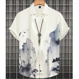 Men's Casual Shirts Simple Hawaiian For Men Ink Painting Print High-Quality Male Clothing Fashion Top Oversized-Shirt And Blouse