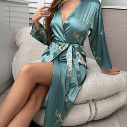 Women's Sleepwear Ice Silk Pajamas Lace Up Bathrobe Morning Robe Summer Breathable Thin Fashion Cherry Print Long Sleeve Nightgown