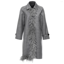 Women's Trench Coats SuperAen 2023 Detachable Elegant Ostrich Hair Plaid Irregular Splicing Long Coat Grey Turn Down Collar
