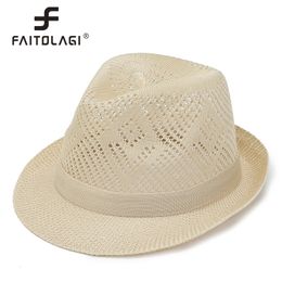 Wide Brim Hats Bucket Fashion Men Straw Cap Summer Beach Sun Visors Hand Woven Cowboy Hat Solid Color Male Fedoras Hollow Gangster Jazz Caps casquette 230808