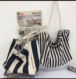 Shoulder Bags Korean Striped Canvas Bag Women's Simple Art Shoulder Bag Large Capacity Lazy Canvas Handheld Shopping Bagstylishhandbagsstore