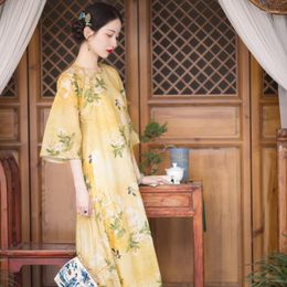 Ethnic Clothing Autumn Elegant Satin Round Neck Floral Print Big Sleeve Cheongsam Vestido Chino Mujer Vintage Party Evening Dress Robe