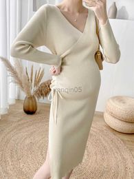 Maternity Dresses Maternity Sweater Dresses Knitted Drawstring Pregnancy Dress for Autumn Winter Casual Slim Pregnant Women Breast Feeding Clothes HKD230808