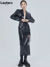 Women's Leather Faux Leather Lautaro 2 Piece Sets Womens Outfits Lace Up Black Shiny Crocodile Texture Leather Midi Skirt with Side Slit and Crop Top 2022 HKD230808