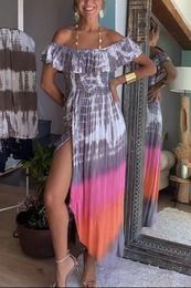 Casual Dresses Long Dress Tie Dye Print Summer Women 2023 Backless High Waist A Line Beach Slash Neck Vestidos Elegant Party