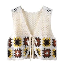 Women's Vests Womens Japanese Knit Crochet Plaid V-Neck Vest Waistcoat Cropped Cardigan Hippie Sleeveless Lace-Up for Tank Top Outerwe 230808