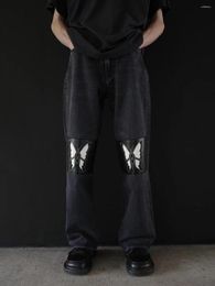 Men's Jeans Butterfly Split Leather Straight Leg Men Denim Long Black Trousers Mens High Quality Casual Pants Streetwear