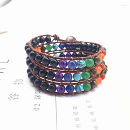 Strand 2023Vintage Leather Bracelets 6MM Matte Stone 3 Strands Wrap Woven Multilayer Boho Bracelet Handmade Jewellery Dropship