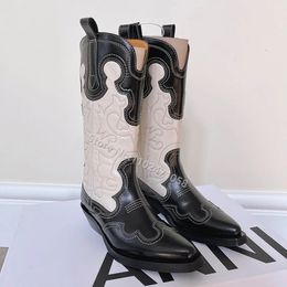 Women 908 Pointed Sexy Toe Mid-calf Balck and White Mixed Color Embroidery Ladies Knight Fashion Cowboy Short Boots 230807 31110 26065