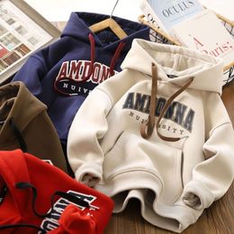 Hoodies Sweatshirts Boys Plush Sweater Autumn and Winter Children s Hooded Pullover Sports Top Letter Pattern Thickened Bottoming Shirt Clothes 230807