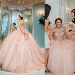 2022 Sexy Bling Rose Gold Blush Pink Sequined Lace Quinceanera Dresses High Neck Crystal Beading Off Shoulder Ball Gown Vestidos D279x