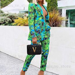 2020 Autumn Women Pant Suits Green Jungle Print Blazer Vintage Streetwear Long Sleeve Coat and High Waist Trouser 2 Piece Set T230808