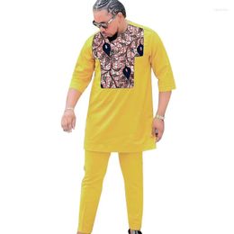 Ethnic Clothing Half Sleeves Men's Set Patchwork Tops Solid Trousers Tailored Yellow Cotton Male Groom Suits