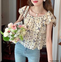 Women's Blouses Off Shoulder Tops 2023 Women Summer Holiday Date Girls Flower Print Retro Vintage Layer Ruffles