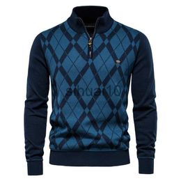 Men's Sweaters Men's New Sweater Half High Collar Zipper Plaid Long Sleeve Pullover British Fashion Casual Men's Sweater Men's Sweater Pullover J230808