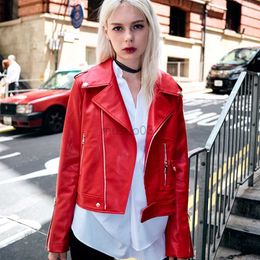 Women's Leather Faux Leather FTLZZ Autumn Faux Leather Coat Women Red PU Leather Jacket Women Short Biker Jackets Turn Down Collar Slim Motorcycle Outwear HKD230808