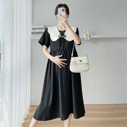 Maternity Dresses 9819# 2023 Summer New Fashion Black Maternity Young Dress Sweet Embroidery O Neck A Line Clothes for Pregnant Women Pregnancy HKD230808