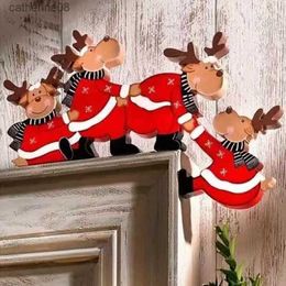 Santa Elk Christmas Door Frame Decoration Wooden Ornament Cute Xmas Refrigerator Window Door Wood Trim New Year Navidad 2022 L230621