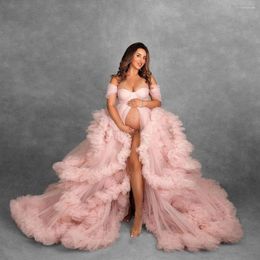 Casual Dresses Pink Maternity Gowns For Poshoot Off Shoulder Tulle Ruffles Pregnant Robes Women A Line Front Split Bridal